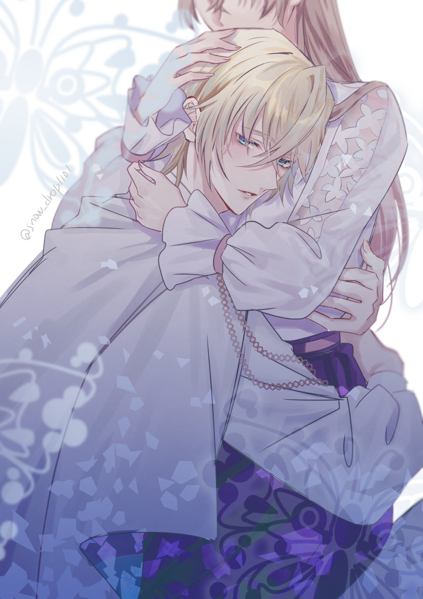 1boy, 1girl, absurdres, blonde_hair, brown_hair, cape, elbert_greetia, feet_out_of_frame, frilled_sleeves, frills, hair_between_eyes, hand_on_another's_head, head_out_of_frame, hetero, highres, hug, ikemen_villain, kate_(ikemen_villain), light_blush, long_hair, long_sleeves, looking_at_viewer, looking_to_the_side, parted_lips, purple_skirt, shirt, short_hair, simple_background, sitting, sitting_on_lap, sitting_on_person, skirt, white_background, white_cape, white_shirt, y_(pixiv69889180)