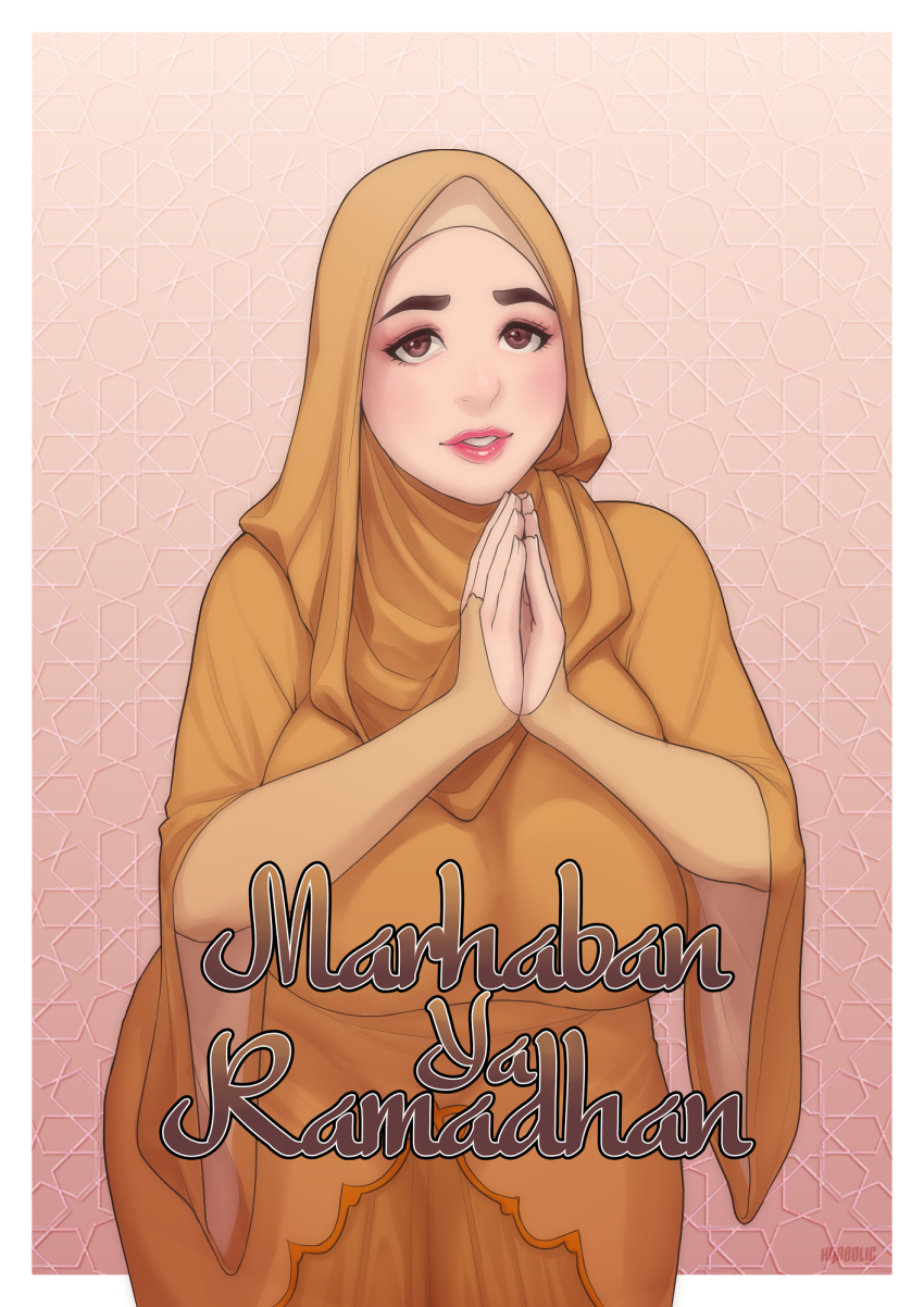 1girl, artist_name, brown_eyes, dress, gradient_background, highres, hijab, hijabolic, islam, orange_dress, orange_hijab, original, own_hands_together, paid_reward_available, pink_background, pink_lips, ramadan, solo