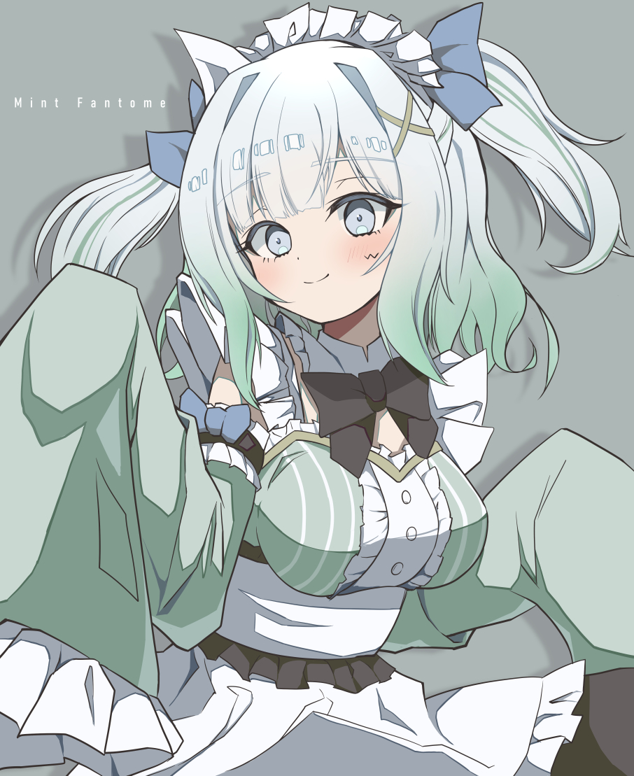 1girl, apron, black_bow, black_bowtie, blue_bow, bow, bowtie, breasts, center_frills, character_name, closed_mouth, dress, frills, gradient_hair, green_dress, green_hair, grey_background, grey_eyes, grey_hair, hair_bow, indie_virtual_youtuber, kinuge_mouse, large_breasts, long_sleeves, maid_headdress, medium_hair, mint_fantome, mint_fantome_(minto_2.0), multicolored_hair, sleeves_past_fingers, sleeves_past_wrists, smile, solo, two_side_up, virtual_youtuber, white_apron