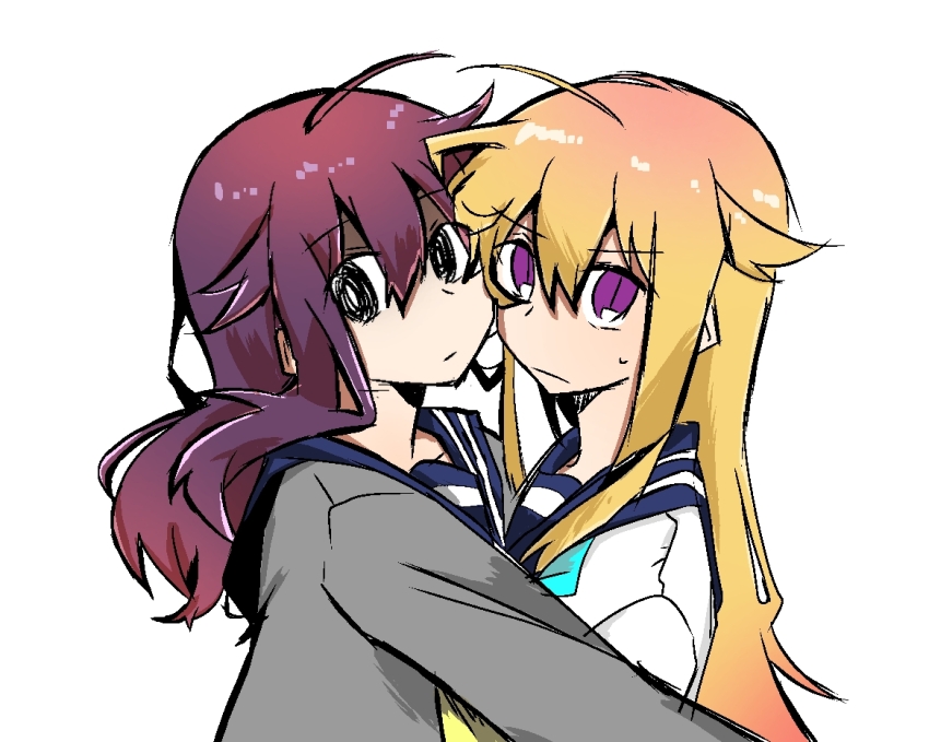 2girls, ahoge, black_eyes, blonde_hair, blue_neckerchief, closed_mouth, closed_navel, eyebrows, female_focus, graident_hair, grey_shirt, hair_between_eyes, hair_horns, hug, koshi_anko_(shikanoko), koshi_torako, looking_at_viewer, multiple_girls, neckerchief, purple_eyes, purple_hair, school_uniform, shikanoko_nokonoko_koshitantan, shirt, siblings, simple_background, sisters, sweat, sweatdrop, upper_body, white_background, white_shirt, yellow_neckerchief
