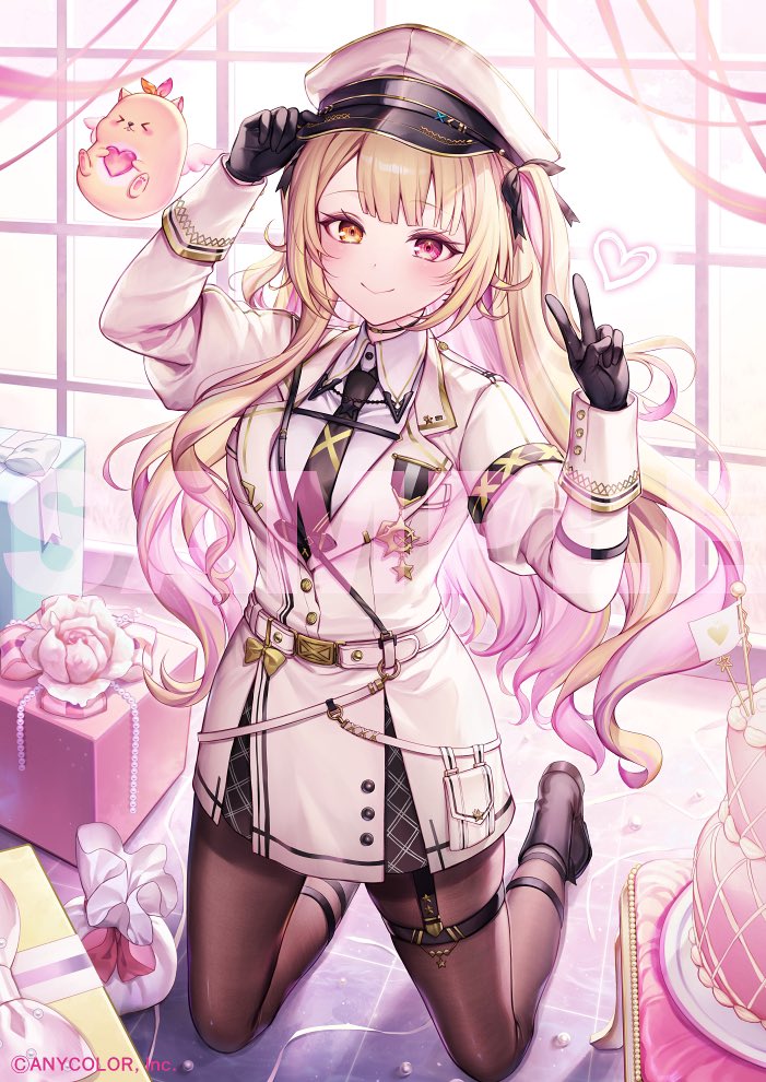 1girl, belt, black_footwear, black_gloves, black_necktie, blonde_hair, box, brown_pantyhose