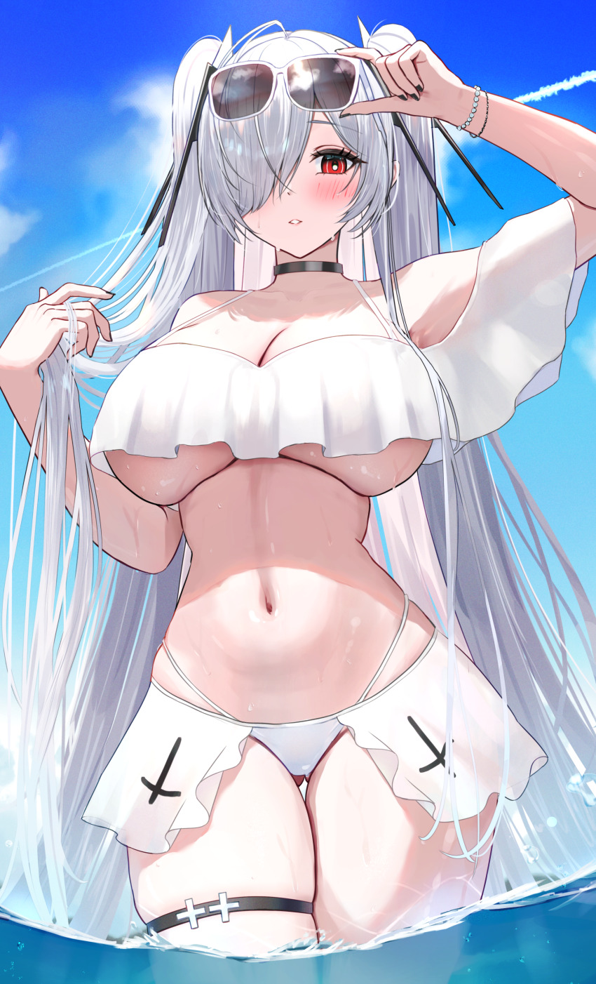 1girl, absurdres, adjusting_eyewear, arm_up, armpits, bare_shoulders, bead_bracelet, beads, bikini, black_choker, black_nails, blue_sky, blush, bracelet, breasts, choker, cinderella_(nikke), cleavage, cloud, collarbone, commentary, cowboy_shot, day, eyewear_on_head, goddess_of_victory:_nikke, grey_hair, hair_between_eyes, hair_over_one_eye, halterneck, hand_in_own_hair, highres, jewelry, large_breasts, long_hair, looking_at_viewer, nail_polish, navel, outdoors, parted_lips, red_eyes, sidelocks, skindentation, sky, solo, standing, stomach, sunglasses, swimsuit, thigh_gap, thigh_strap, twintails, umbsy_gi, underboob, very_long_hair, wading, water, wet, white_bikini