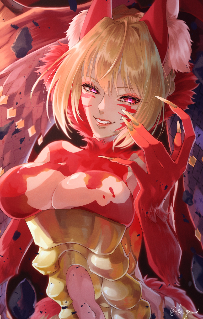 1girl, ahoge, animal_ears, bare_arms, bare_shoulders, blonde_hair, breasts, demon_girl