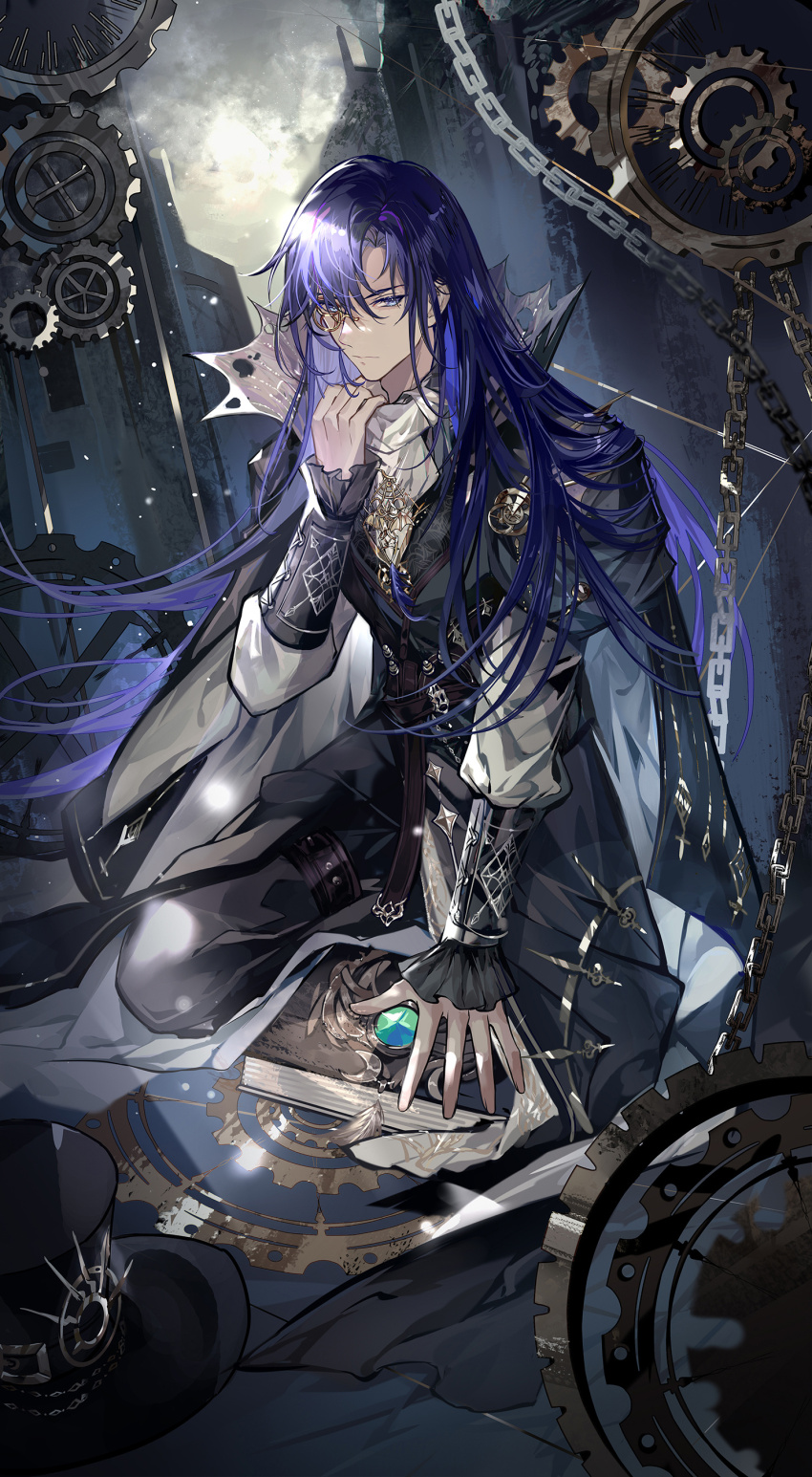 1boy, absurdres, adjusting_scarf, black_cape, black_hat, black_pants, black_vest, blue_hair