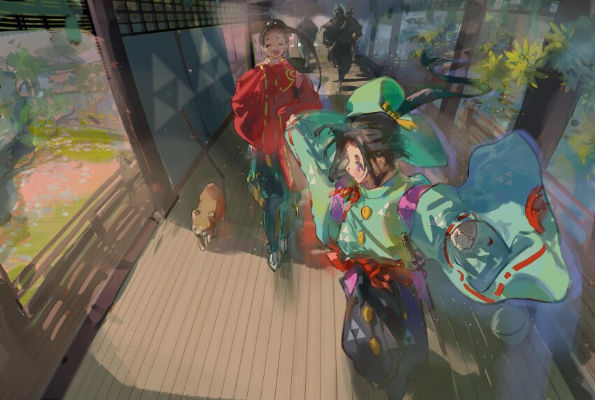 :d, absurdres, airplane_arms, architecture, black_hair, blue_hakama, bridge, closed_eyes