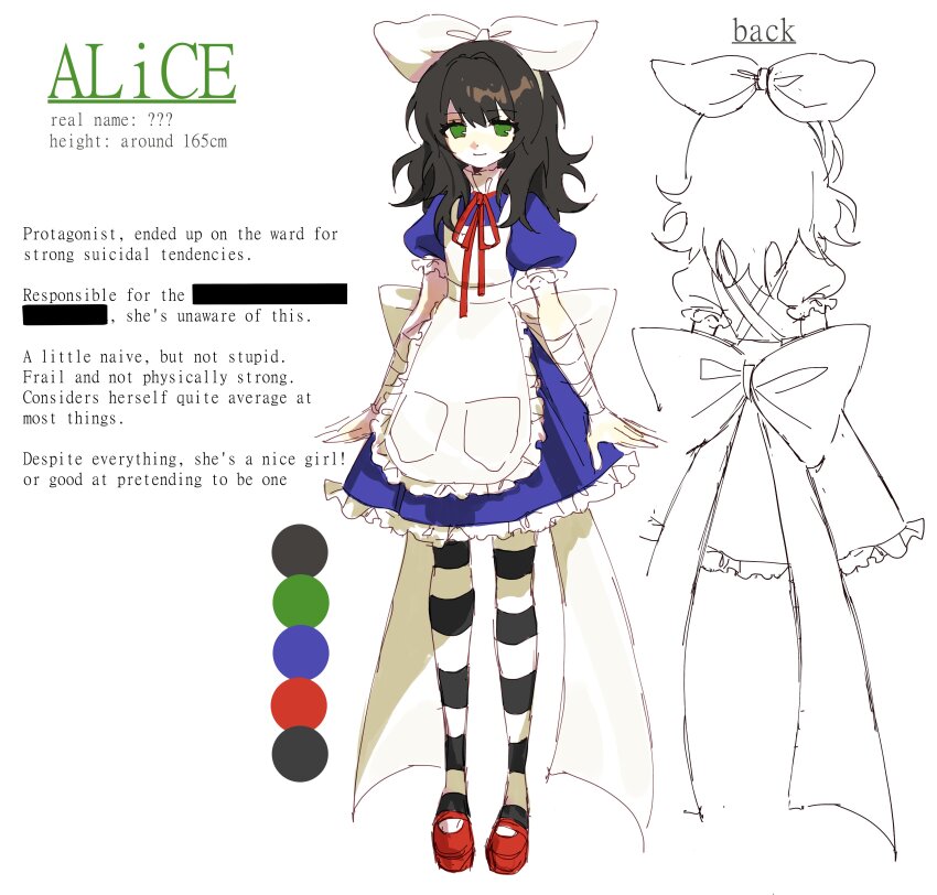 1girl, absurdres, alice_(alice_in_wonderland), alice's_adventures_in_wonderland, apron, back_bow, black_hair, blue_dress