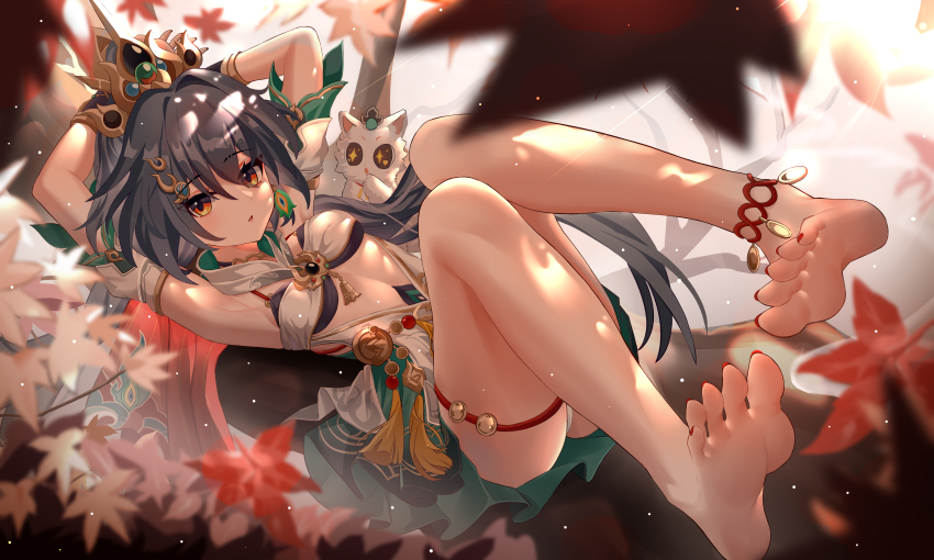 1girl, absurdres, aichinaigai, armpits, arms_behind_head, arms_up, bare_shoulders, barefoot