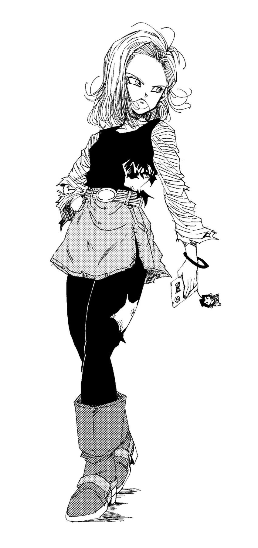 1girl, absurdres, android, android_17, android_18, artist_name, boots, bracelet