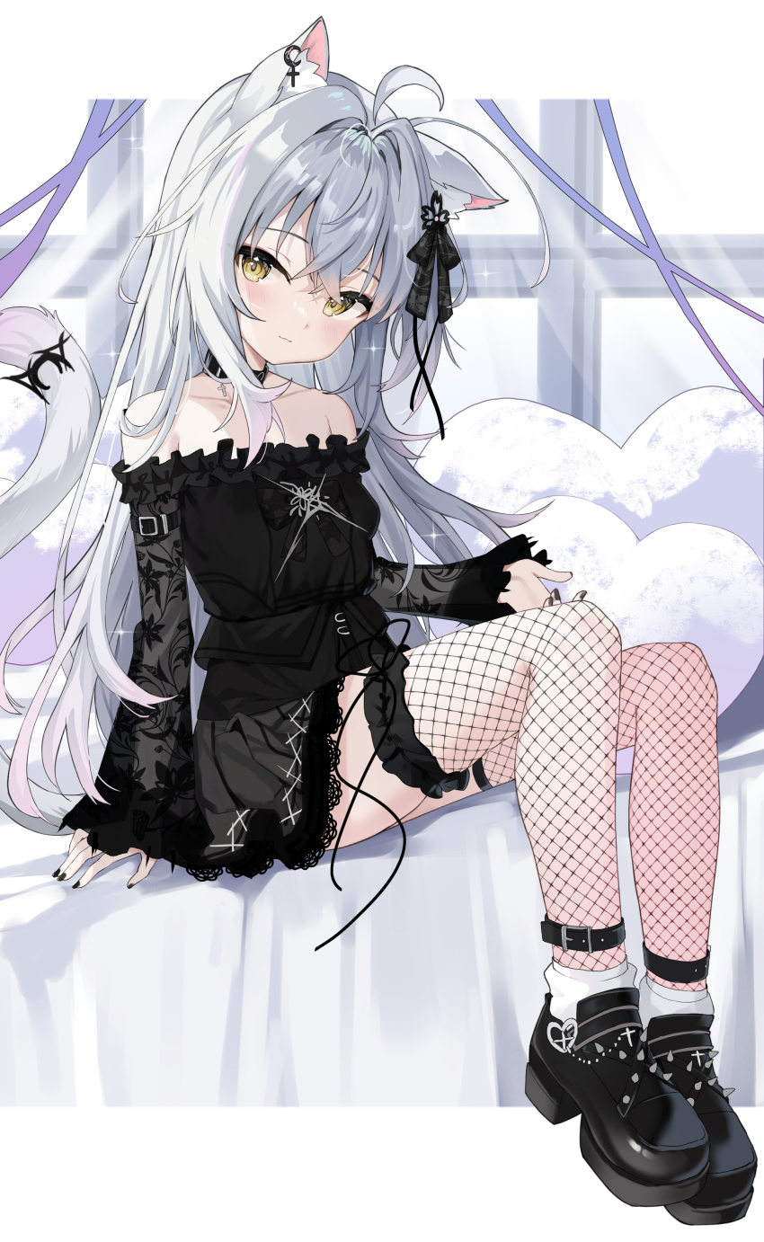 1girl, absurdres, animal_ears, black_choker, black_dress, black_footwear, black_nails, blush