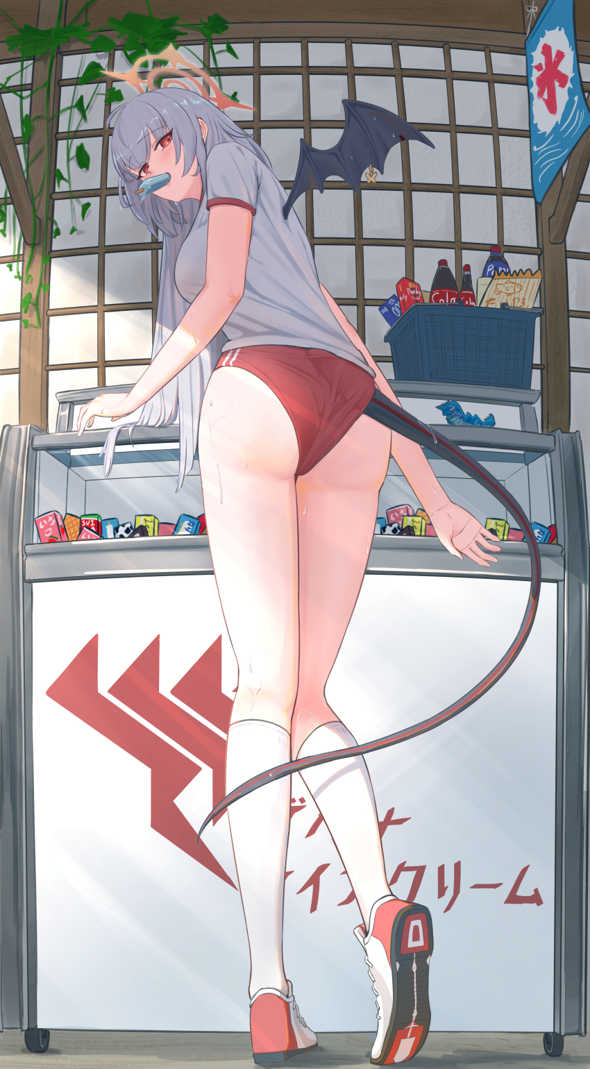 absurdres, architecture, black_tail, black_wings, blue_archive, buruma, demon_wings, east_asian_architecture