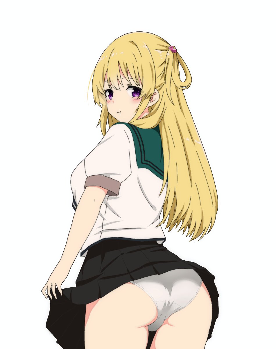 22/7, :t, black_skirt, blonde_hair, blush, closed_mouth, from_behind, fujima_sakura, green_sailor_collar, hair_rings, highres, hitorilily, long_hair, looking_at_viewer, looking_back, one_side_up, panties, pleated_skirt, purple_eyes, rokubanchou_school_uniform, sailor_collar, shirt, short_sleeves, simple_background, single_hair_ring, skirt, summer_uniform, underwear, white_background, white_panties, white_shirt