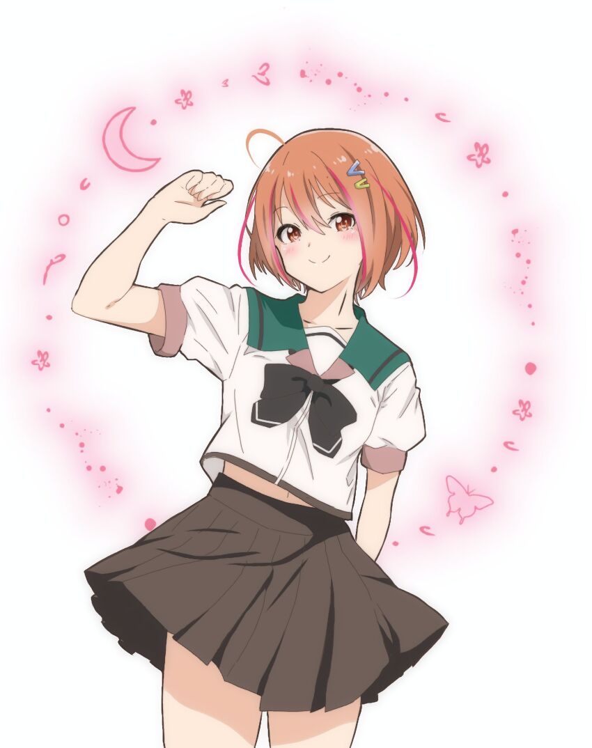 1girl, 22/7, absurdres, ahoge, arm_behind_back, arm_up, black_bow, black_bowtie