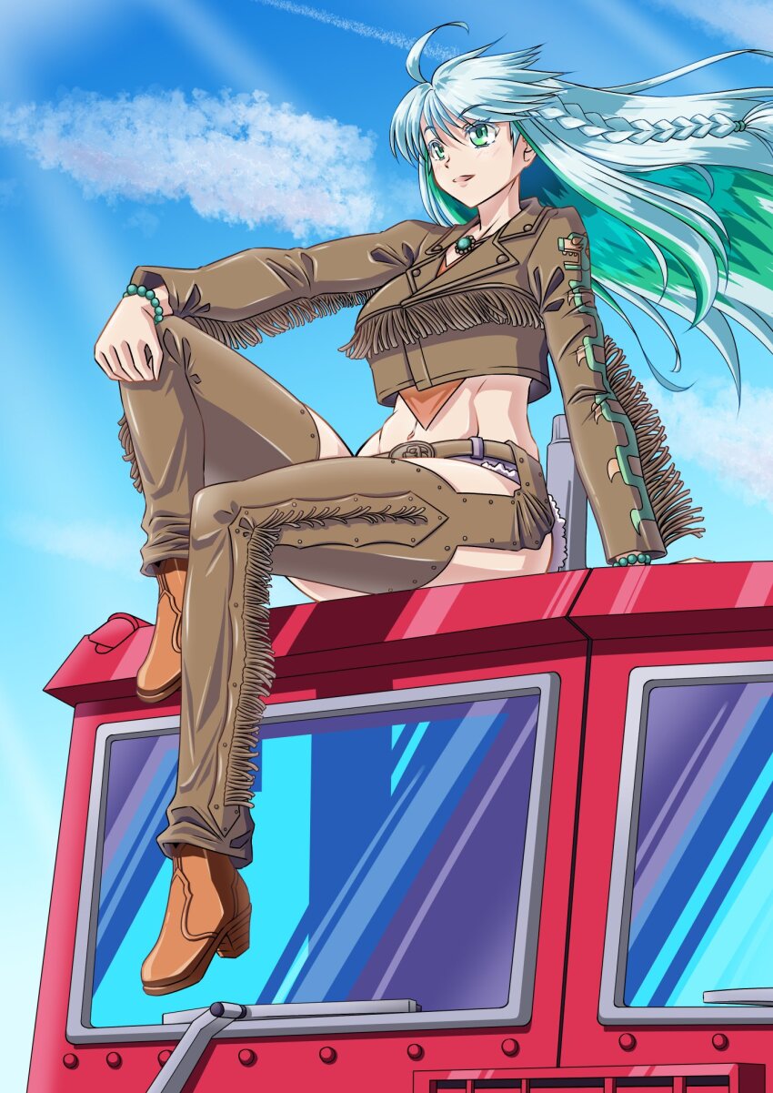 1girl, ahoge, bead_bracelet, beads, boots, bracelet, braid, chaps