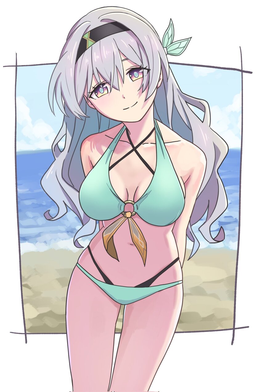 1girl, arms_behind_back, bare_legs, bare_shoulders, beach, bikini, black_hairband, breasts