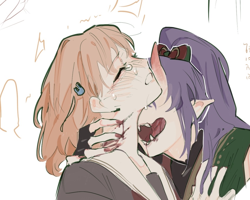 2girls, black_gloves, bleeding, blood, blush, brown_dress, clenched_teeth, closed_eyes