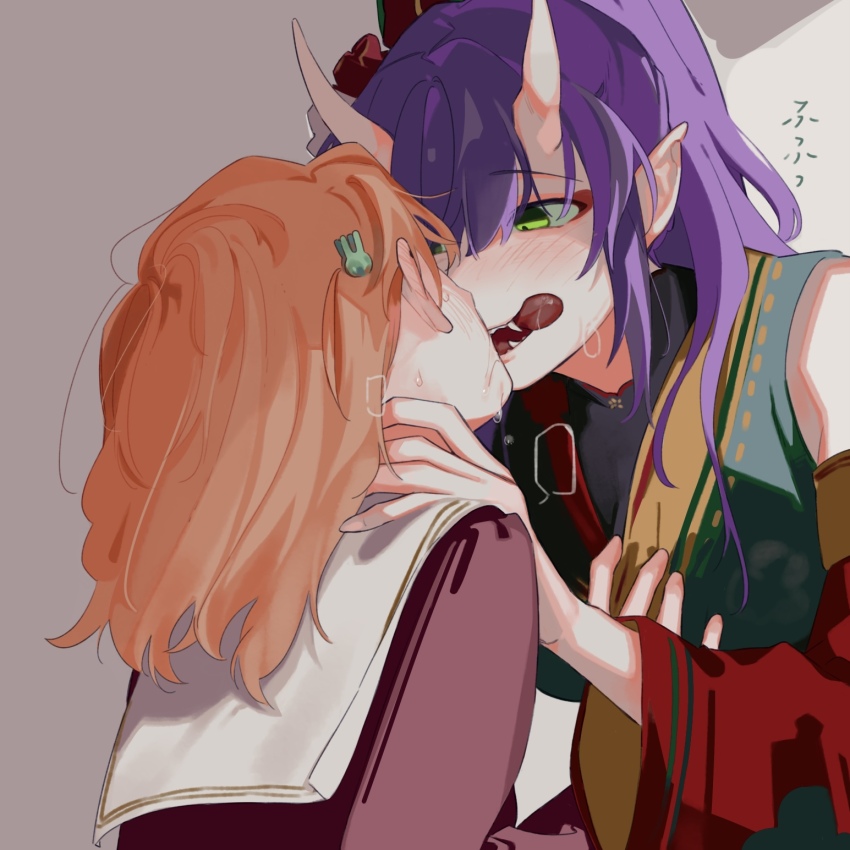 2girls, alternate_species, blush, brown_dress, commentary, detached_sleeves, dress, drooling