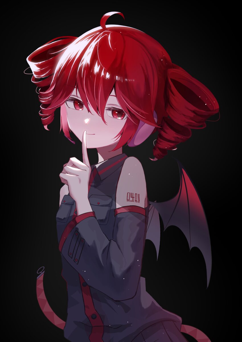 1girl, absurdres, ahoge, black_sleeves, demon_wings, detached_sleeves, drill_hair, hand_to_own_mouth