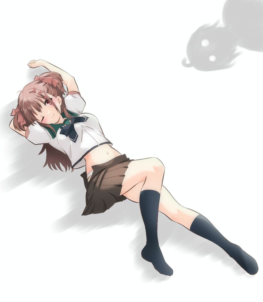 1girl, 22/7, ;), arms_up, black_socks, bow, brown_eyes, brown_hair, brown_skirt, closed_mouth, fanged_bangs, green_sailor_collar, hair_bow, hair_ornament, highres, hitorilily, long_hair, lying, navel, no_shoes, on_back, one_eye_closed, panties, pink_bow, pleated_skirt, rokubanchou_school_uniform, sailor_collar, sera_honoka, shirt, short_sleeves, skirt, smile, socks, summer_uniform, two_side_up, underwear, white_background, white_panties, white_shirt