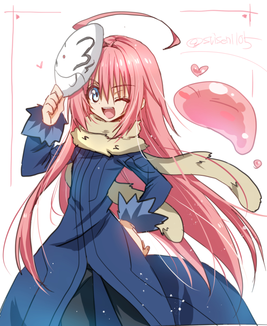 1girl, 1other, :d, ahoge, akatsuki_(ggsy7885), black_pants, blue_coat, blue_eyes