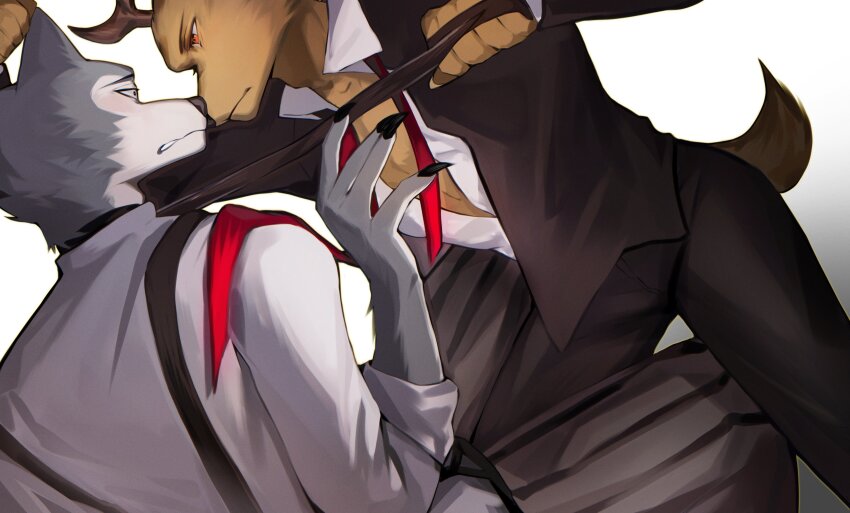 2boys, absurdres, animal_ears, antlers, arms_up, axianorange, beastars, black_jacket