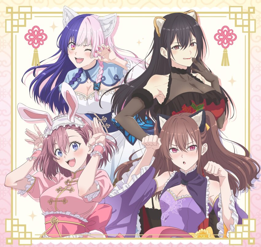 2.5_jigen_no_ririsa, 4girls, 753_(2.5_jigen_no_ririsa), amano_ririsa, animal_ears, black_gloves, black_hair, blush, breasts, brown_hair, cat_ears, china_dress, chinese_clothes, cleavage, collarbone, detached_sleeves, dress, elbow_gloves, fake_animal_ears, frilled_sleeves, frills, gloves, hair_between_eyes, hanyuu_mayuri, highres, large_breasts, long_hair, long_sleeves, looking_at_viewer, multiple_girls, nagomi_(2.5d_jigen_no_ririsa), nail_polish, official_art, one_eye_closed, open_mouth, pink_dress, pink_hair, pink_nails, purple_dress, purple_eyes, rabbit_ears, rabbit_pose, red_dress, red_eyes, see-through_clothes, see-through_cleavage, see-through_dress, short_hair, smile, tachibana_mikari, twintails, wide_sleeves