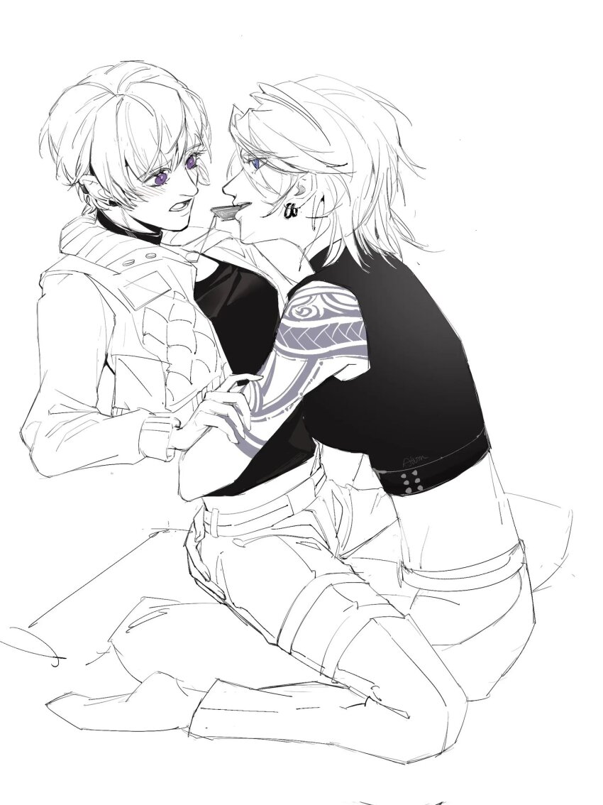 2girls, animal_ears, arm_around_another's_waist, arm_tattoo, black_choker, blue_eyes, blush, chinese_commentary