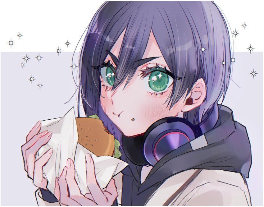 1girl, blazer, burger, eating, food, food_on_face, green_eyes, haraga_kurumi