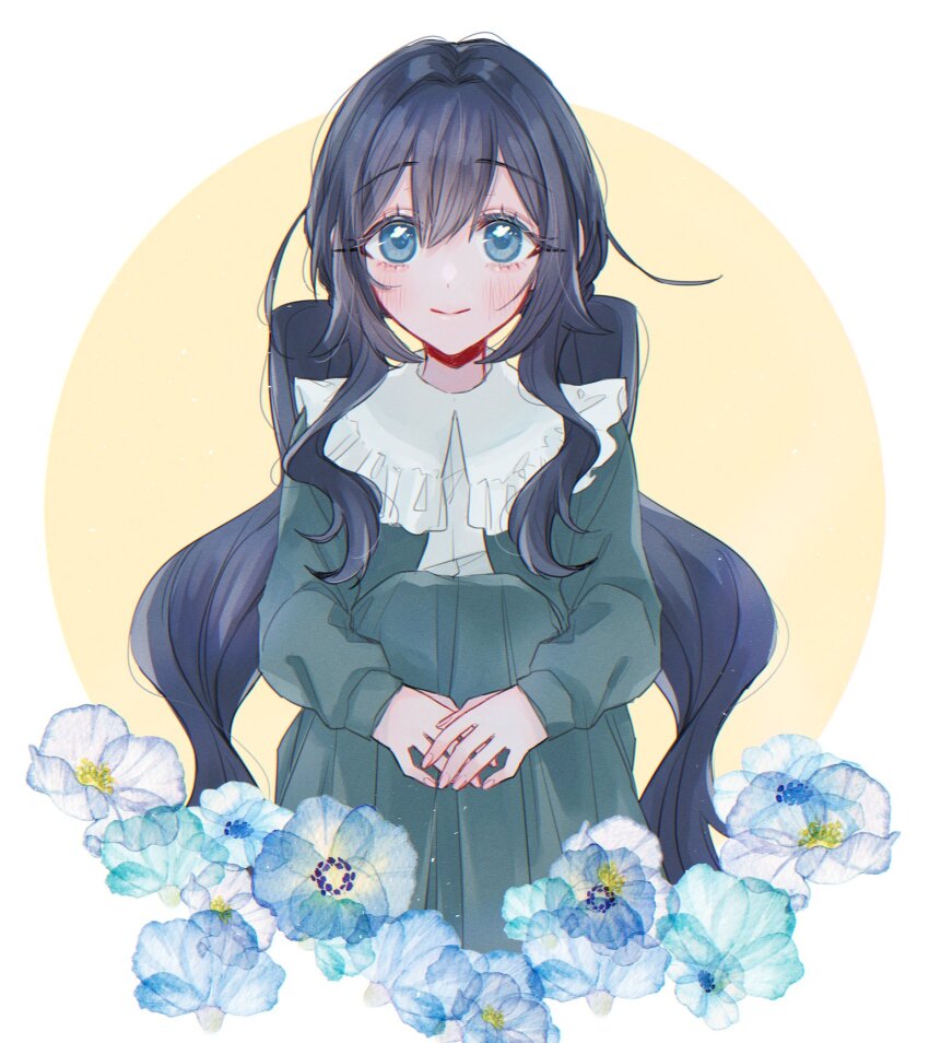 1girl, aqua_eyes, black_hair, blue_flower, collared_shirt, flower, green_jacket, green_skirt