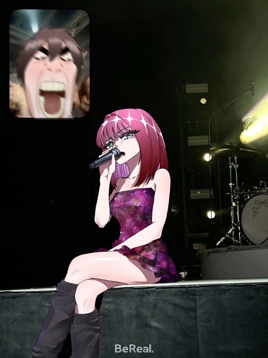 1boy, 1girl, aijou_rentarou, bereal, brown_hair, closed_eyes, concert, crossed_legs