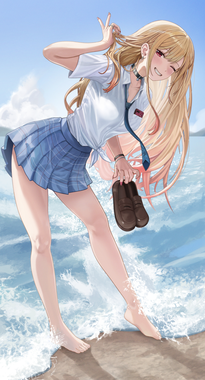 1girl, ;), adjusting_hair, beach, bead_bracelet, beads, bent_over, black_choker, blonde_hair, blue_necktie, blue_skirt, blue_sky, bracelet, breast_pocket, breasts, choker, commentary_request, ear_piercing, fake_nails, full_body, gyaru, highres, jewelry, kitagawa_marin, large_breasts, long_hair, looking_at_viewer, necktie, ocean, one_eye_closed, outdoors, parted_lips, phone_in_pocket, piercing, plaid_clothes, plaid_skirt, pocket, red_eyes, ring, shirt, shirt_tucked_in, short_sleeves, silvertsuki, skirt, sky, smile, solo, sono_bisque_doll_wa_koi_wo_suru, tied_shirt, waves, white_shirt