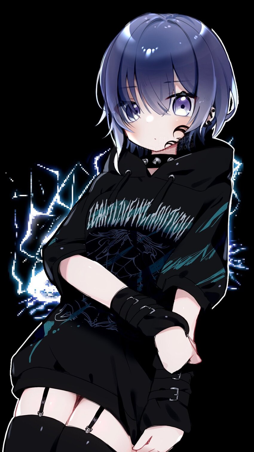 1girl, :o, arm_warmers, black_arm_warmers, black_hoodie, black_shirt, black_thighhighs, choker