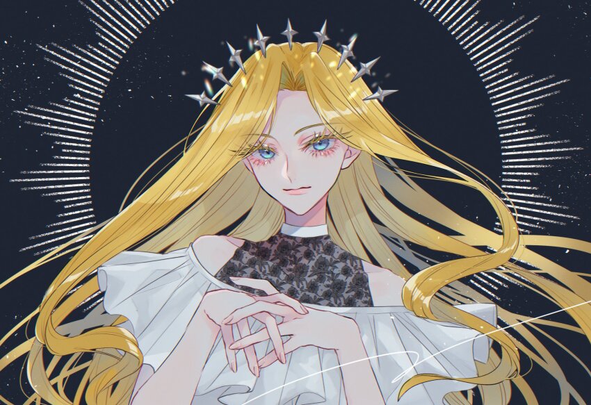 1girl, aqua_eyes, bare_shoulders, blonde_hair, collarbone, floating, floating_object, floral_print