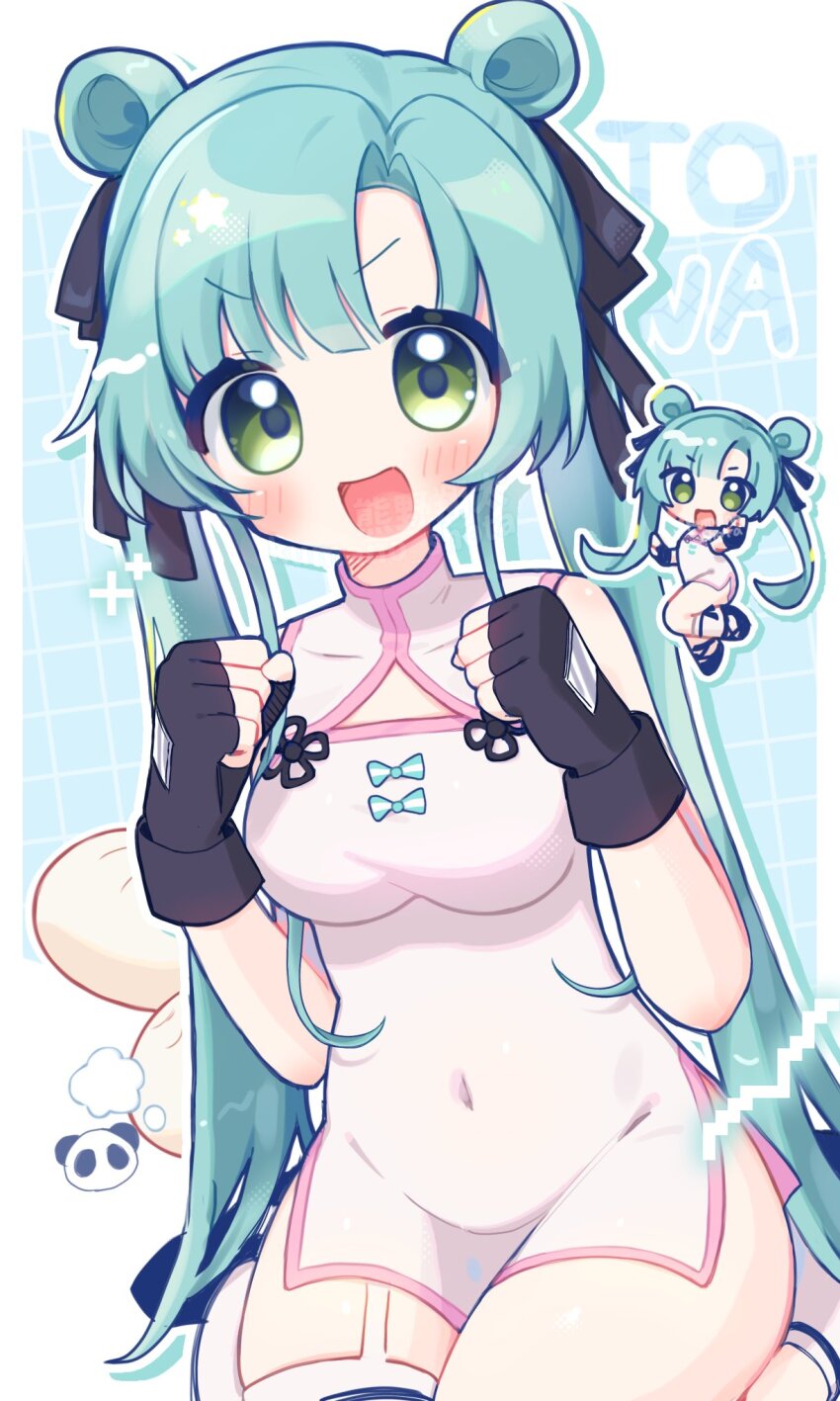 >:), 1girl, :d, alternate_hairstyle, aqua_hair, arms_up, artist_collaboration, asymmetrical_legwear, black_footwear, black_gloves, black_ribbon, blue_background, blush, bow, breasts, character_name, chibi, china_dress, chinese_clothes, cleavage_cutout, clenched_hands, clothing_cutout, cosplay, d4dj, double_bun, dress, english_text, fingerless_gloves, garter_straps, gloves, green_eyes, grid_background, hair_bun, hair_rings, hanamaki_towa, highres, kumano_shota, navel, open_mouth, panda, parted_bangs, pink_trim, ribbon, simple_background, sitting, sleeveless, smile, solo, tao_yuifa_(cosplay), tensei_shitara_dai_nana_oji_datta_no_de:_kimama_ni_majutsu_o_kiwamemasu, thighhighs, twintails, two-tone_background, v-shaped_eyebrows, wariza, white_background, white_dress, white_garter_straps, white_thighhighs