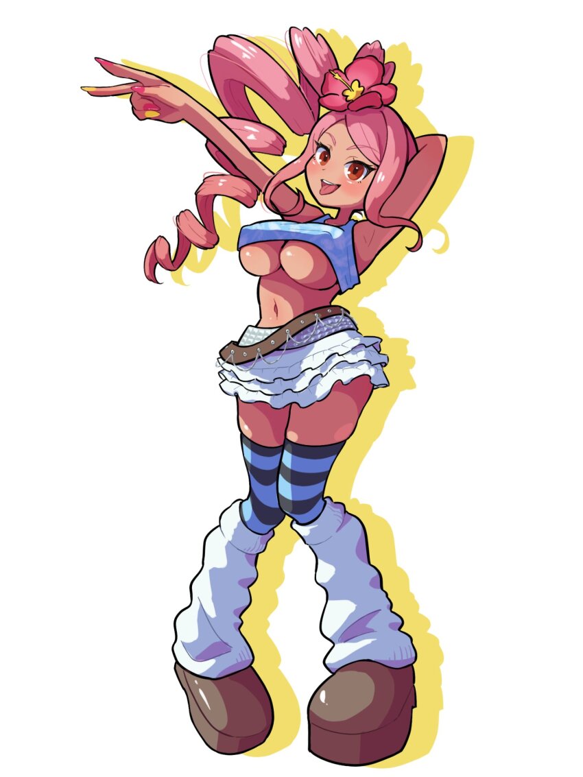 1girl, a(m+n), arms_behind_head, breasts, brown_eyes, dark_skin, drill_hair, drill_ponytail, hair_flower, highres, looking_at_viewer, loose_socks, magicami, pink_hair, shoes, side_ponytail, sidelocks, socks, thighhighs, tongue, tongue_out, underboob, v, yarimizu_lilly