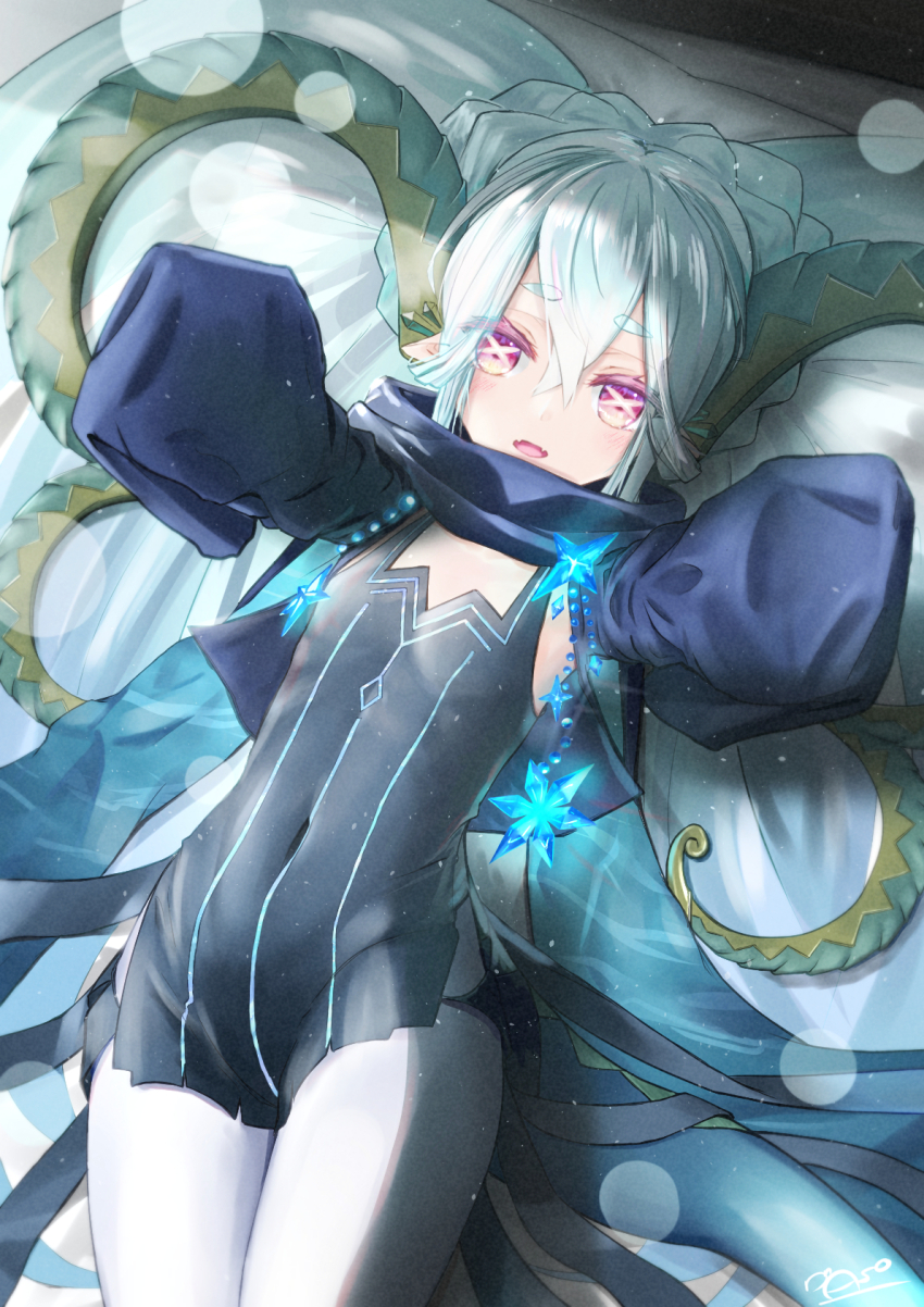 1girl, aqua_hair, asobeco, black_dress, black_scarf, blush, braid, breasts