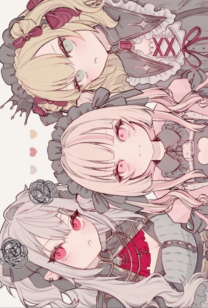 1boy, 2girls, :o, aqua_eyes, ascot, black_ribbon, blonde_hair, blunt_bangs, breasts, cleavage, cleavage_cutout, closed_mouth, clothing_cutout, commentary, crossdressing, crossdressing_(mtf), crown, double-parted_bangs, ear_piercing, frilled_headwear, genderswap, genderswap_(mtf), grey_background, grey_hair, hair_behind_ear, hair_between_eyes, hair_ribbon, heart, heart_cutout, jacket, jirai_kei, kuzuha_(nijisanji), light_blush, light_smile, long_hair, loser_kings, makaino_ririmu, makaino_ririmu_(5th_costume), mini_crown, multicolored_hair, multiple_girls, nijisanji, official_alternate_costume, official_alternate_hair_length, official_alternate_hairstyle, parted_lips, piercing, pink_eyes, pink_jacket, pointy_ears, red_ascot, red_eyes, red_ribbon, ribbon, sanya_(1st_costume)_(nijisanji), sanya_(nijisanji), shiiro_illust, sidelocks, sideways, single_hair_intake, squiggle, streaked_hair, trap, two-tone_hair, two_side_up, upper_body, uzuki_kou, uzuki_kou_(4th_costume), v-shaped_eyebrows, virtual_youtuber