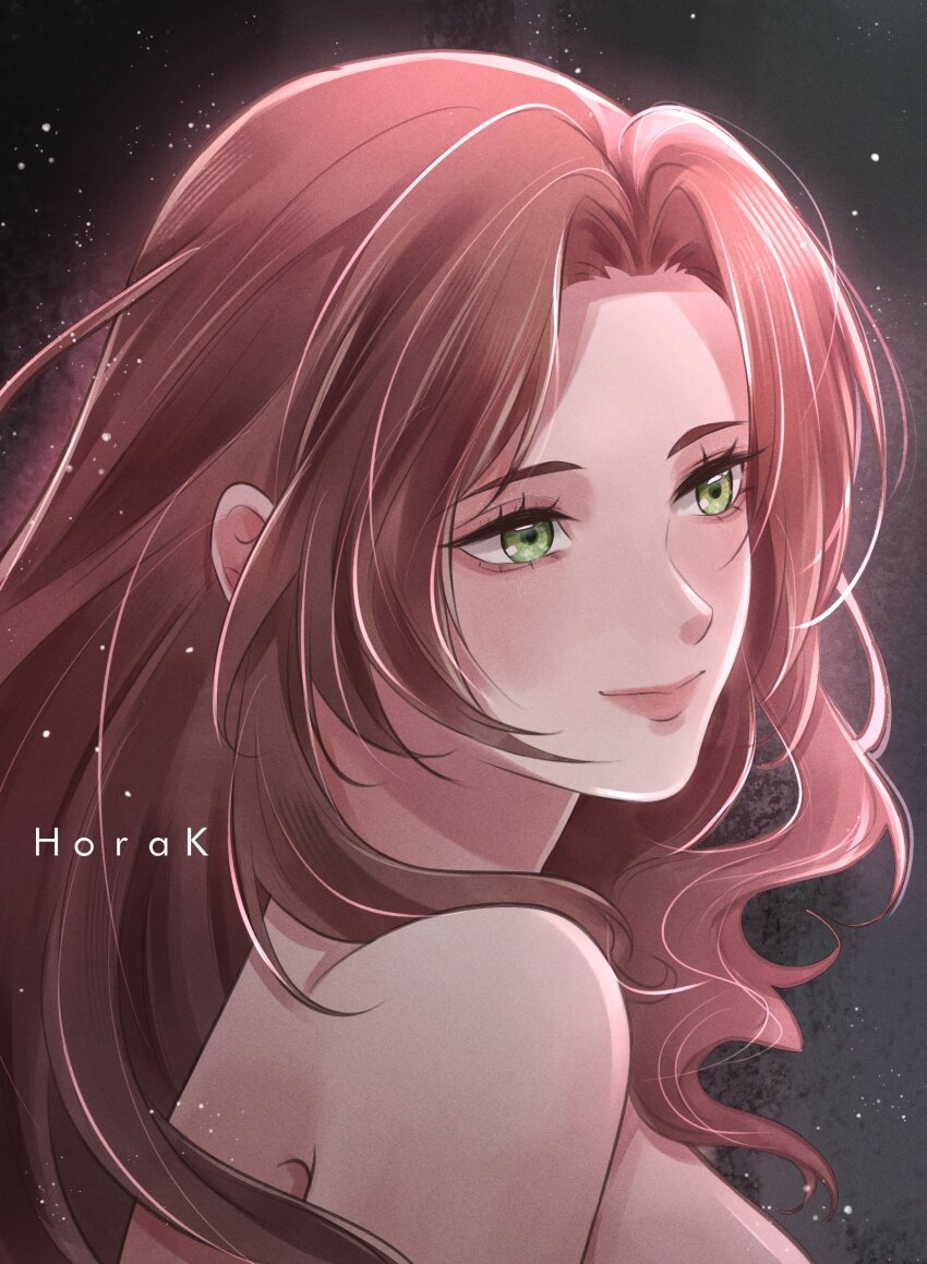 1girl, aerith_gainsborough, artist_name, bare_shoulders, breasts, brown_hair, closed_mouth, final_fantasy