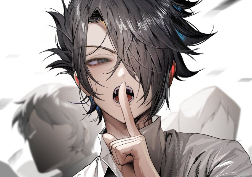 1boy, black_hair, collared_shirt, commentary, grey_eyes, hair_behind_ear, hair_over_one_eye, hand_up