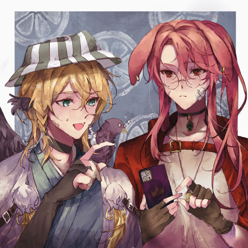 2boys, adapted_costume, alternate_costume, alternate_eye_color, anachronism, androgynous, animal, animal_ear_piercing