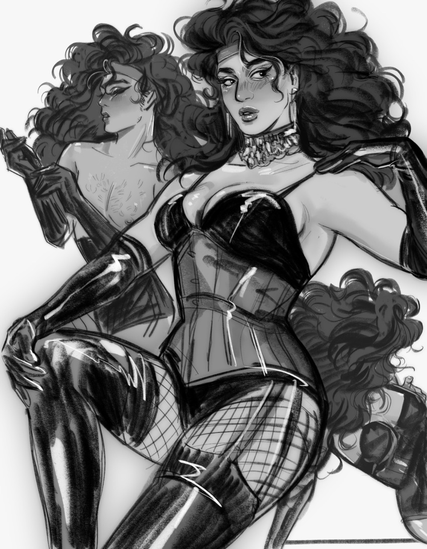 1boy, bare_pectorals, black_gloves, breasts, chest_hair, choker, cleavage, commentary, corset, crossdressing, crossdressing_(mtf), drag_queen, earrings, elbow_gloves, english_commentary, eyeliner, fishnets, flat_chest, gloves, greyscale, headband, highres, jewelry, lingerie, lipstick, long_hair, looking_to_the_side, makeup, medium_breasts, melissa_(quackity_smp), minecraft_youtube, monochrome, multiple_views, necklace, parted_lips, pectorals, quackity_smp, roier_(youtuber), routeriver, simple_background, thighhighs, underwear, wavy_hair