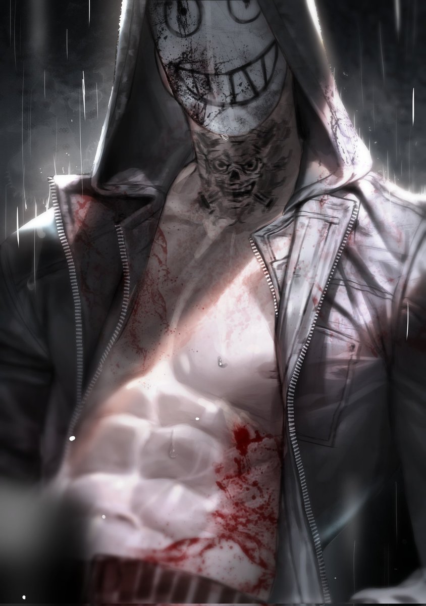 1boy, abs, backlighting, black_background, black_jacket, blood, blood_on_mask, blood_on_stomach