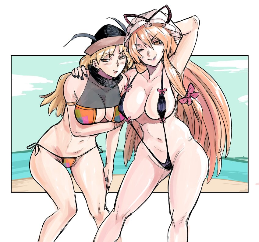 2girls, absurdres, arm_behind_head, axel_hi, beach, bikini, black_bikini, black_hat, blonde_hair, border, bow, breasts, brown_hat, cleavage, closed_mouth, collarbone, eyepatch_bikini, hair_bow, hat, hat_ribbon, highres, large_breasts, long_hair, looking_at_viewer, matara_okina, meme, mob_cap, multiple_girls, navel, one_eye_closed, open_mouth, orange_bikini, orange_eyes, outdoors, pointy_hat, red_bow, red_ribbon, ribbon, side-tie_bikini_bottom, slingshot_swimsuit, smile, stomach, swimsuit, touhou, upper_body, very_long_hair, white_border, white_hat, yakumo_yukari, yukari's_gap_bikini