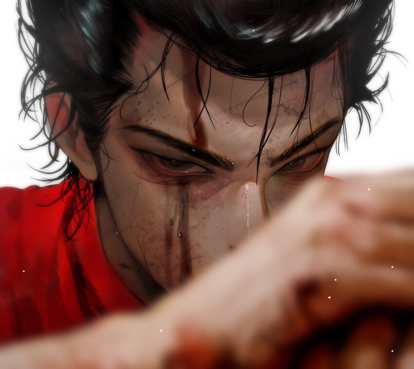 1boy, arm_up, black_hair, blood, blood_on_face, blood_on_hands, blurry, blurry_foreground, clenched_hand, close-up, commentary, covered_mouth, depth_of_field, green_eyes, kinzoku_bat, korean_commentary, looking_at_viewer, male_focus, narrowed_eyes, one-punch_man, pompadour, red_shirt, shirt, simple_background, solo, ssxssss_848, sweat, white_background