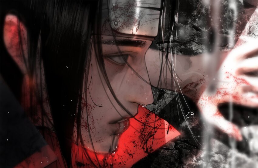 1boy, black_hair, blood, blood_from_mouth, blood_on_clothes, blood_on_face, blood_splatter, collared_robe
