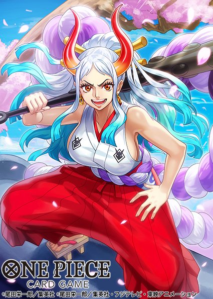1girl, aqua_hair, cherry_blossoms, club, club_(weapon), commentary_request, copyright_name, earrings, geta, hair_ornament, hakama, holding, holding_weapon, horns, japanese_clothes, jewelry, kanabou, kimono, official_art, one_piece, one_piece_card_game, open_mouth, orange_eyes, petals, ponytail, red_hakama, red_horns, rope, shimenawa, shinra0609, sidelocks, sleeveless, sleeveless_kimono, smile, solo, squatting, weapon, white_hair, white_kimono, yamato_(one_piece)
