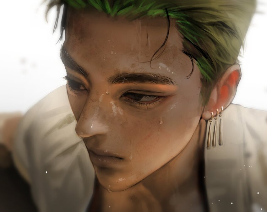 1boy, brown_eyes, close-up, closed_mouth, commentary, ear_piercing, earrings, green_hair, jewelry, korean_commentary, looking_to_the_side, male_focus, multiple_earrings, one_piece, one_piece_(live_action), open_clothes, open_shirt, piercing, roronoa_zoro, shirt, sideways_glance, simple_background, solo, ssxssss_848, upper_body, water, water_drop, wet, white_background, white_shirt