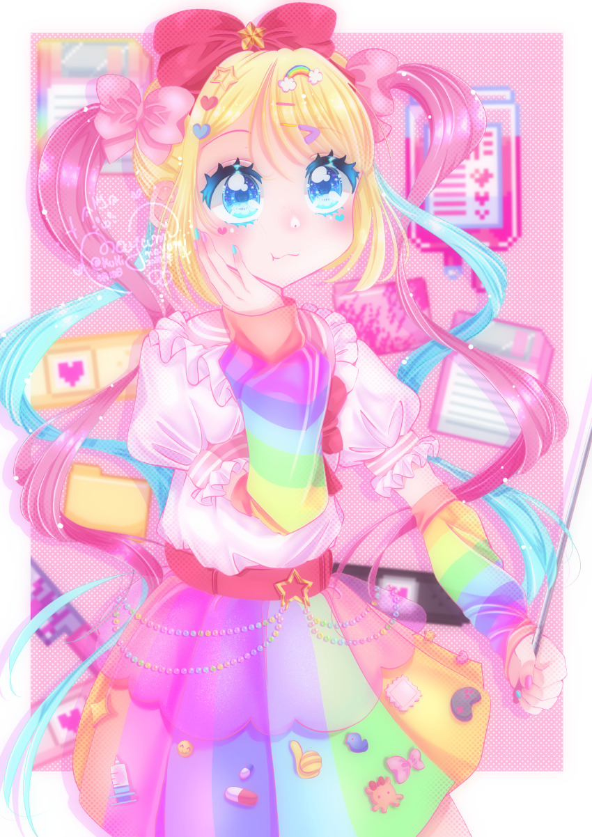 1girl, absurdres, blonde_hair, blue_eyes, blue_hair, bow, chouzetsusaikawa_tenshi-chan, chouzetsusaikawa_tenshi-chan_(nidiga_tozai)