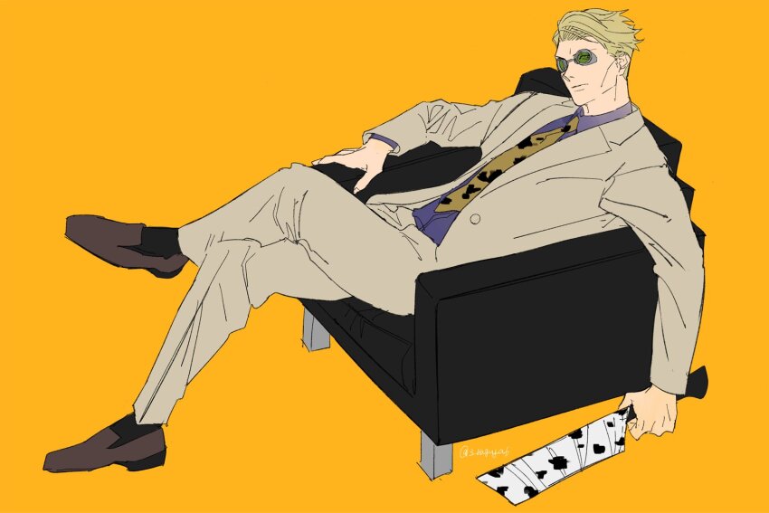 1boy, black_socks, blonde_hair, blue_shirt, brown_footwear, chair, crossed_arms, formal_clothes