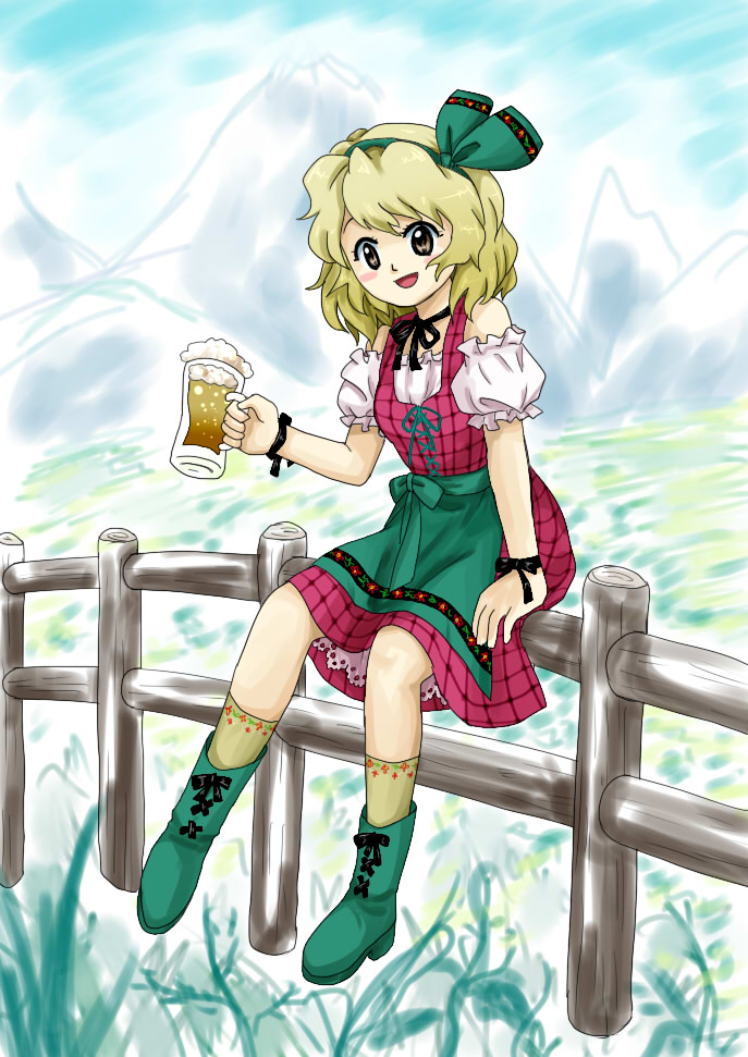 1girl, :d, alcohol, apron, beer, beer_mug, beerko, black_ribbon