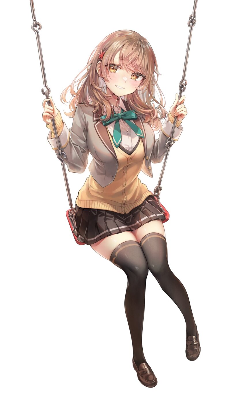 1girl, aqua_bow, aqua_bowtie, black_skirt, black_thighhighs, bow, bowtie, breasts